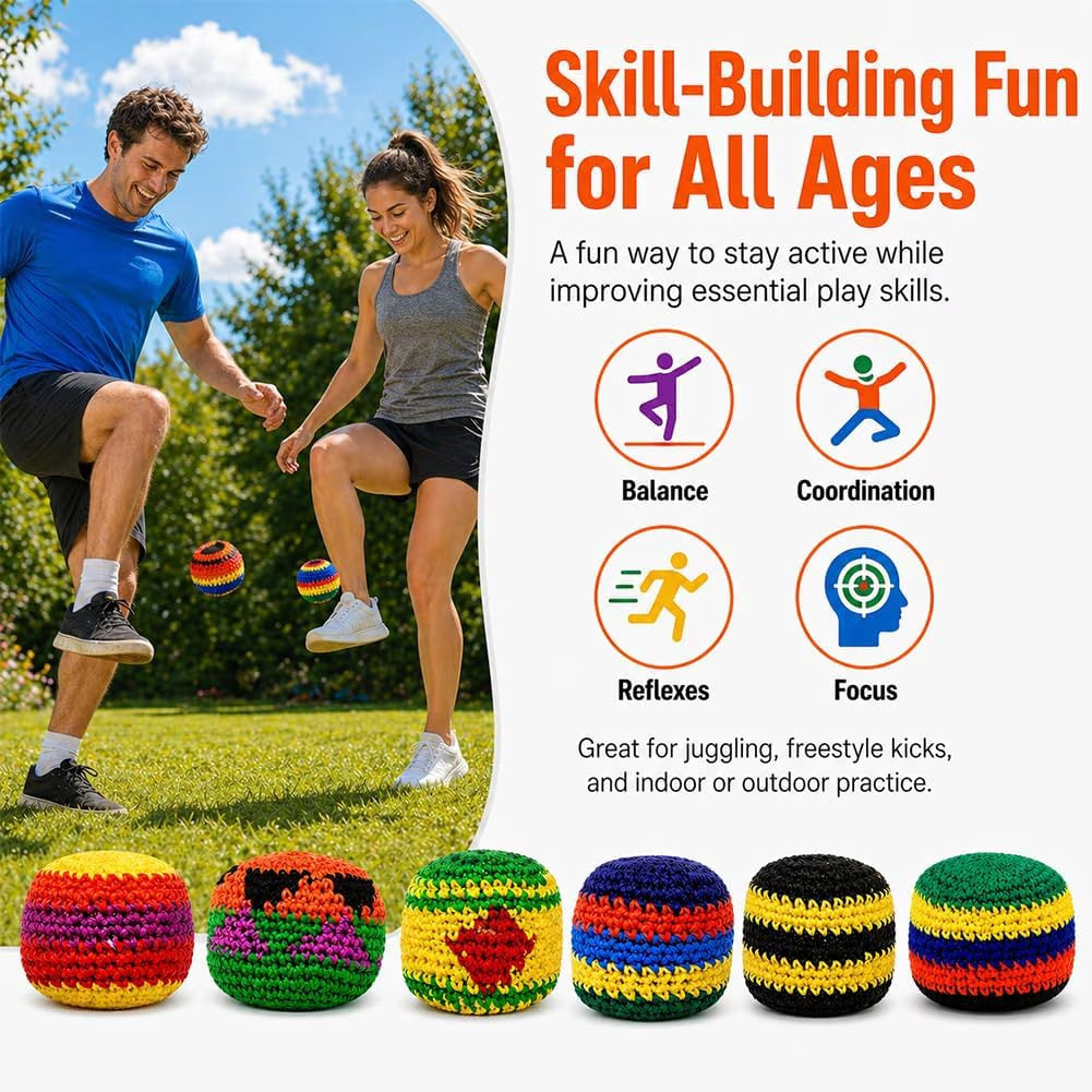 6PCS Knitted Hacky Sack, 2026 Upgraded Crochet Footbags for Adults, Colorful Juggling Kick Bags for Outdoor Party Game, Handwoven Toss Pack (C)